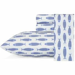 Brand new 🛒 Nautica Woodblock Fish 4Pc Blue Sheet Set Home Sheets 👏